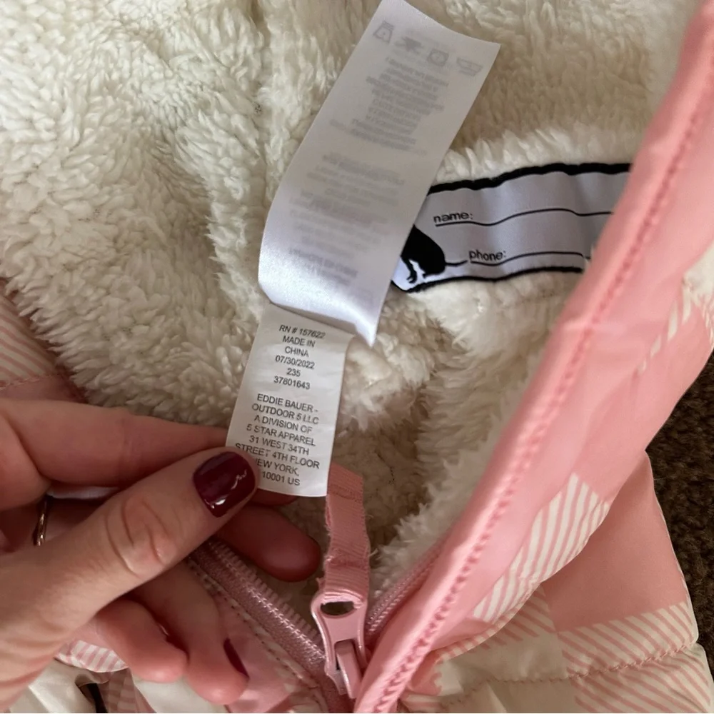 Eddie Bauer Infant Girls Pink Checkered Puffer Snowsuit 6-9M Hooded Sherpa Lined